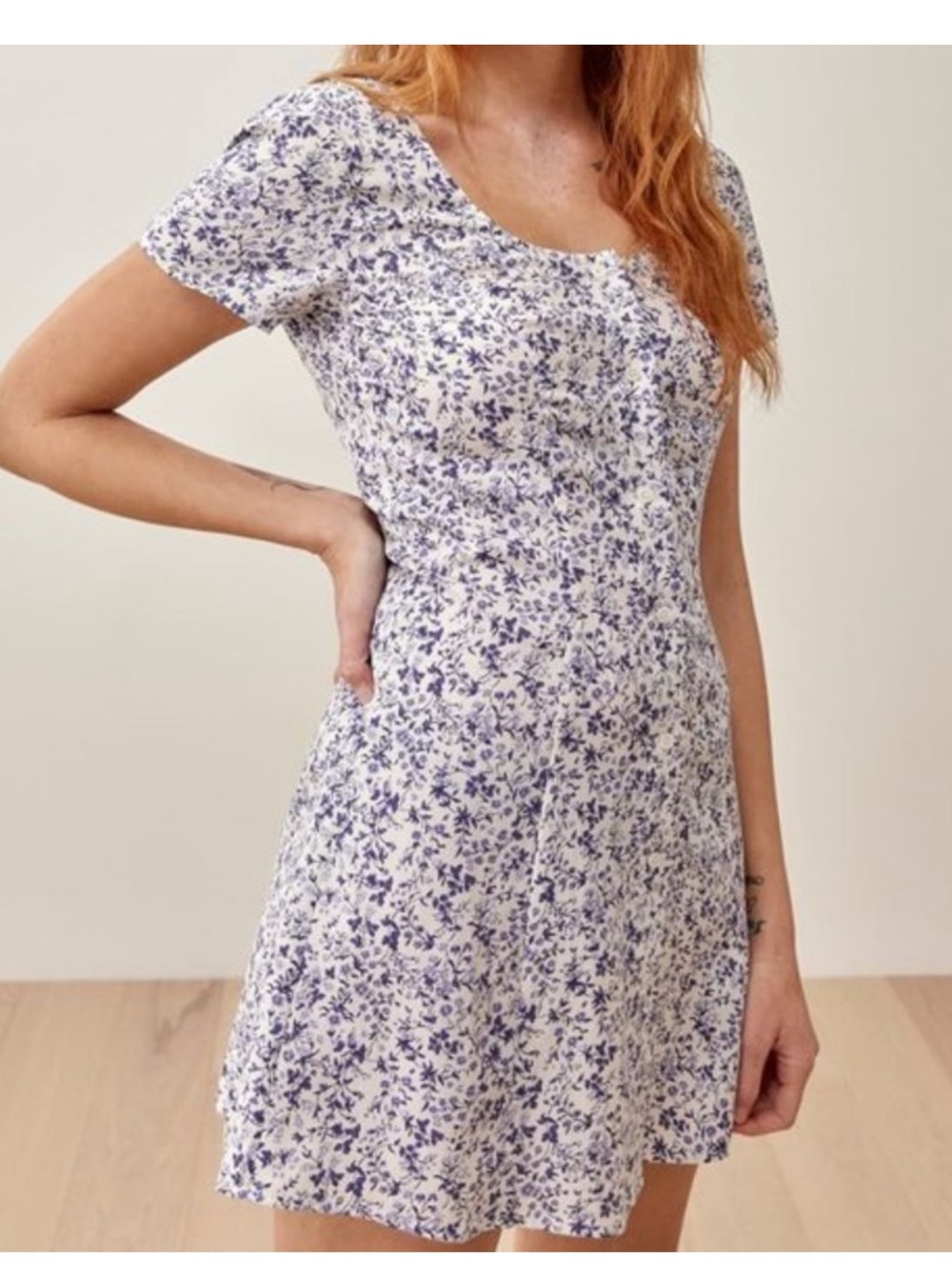 Reformation White Mini Dress with Purple Floral Print